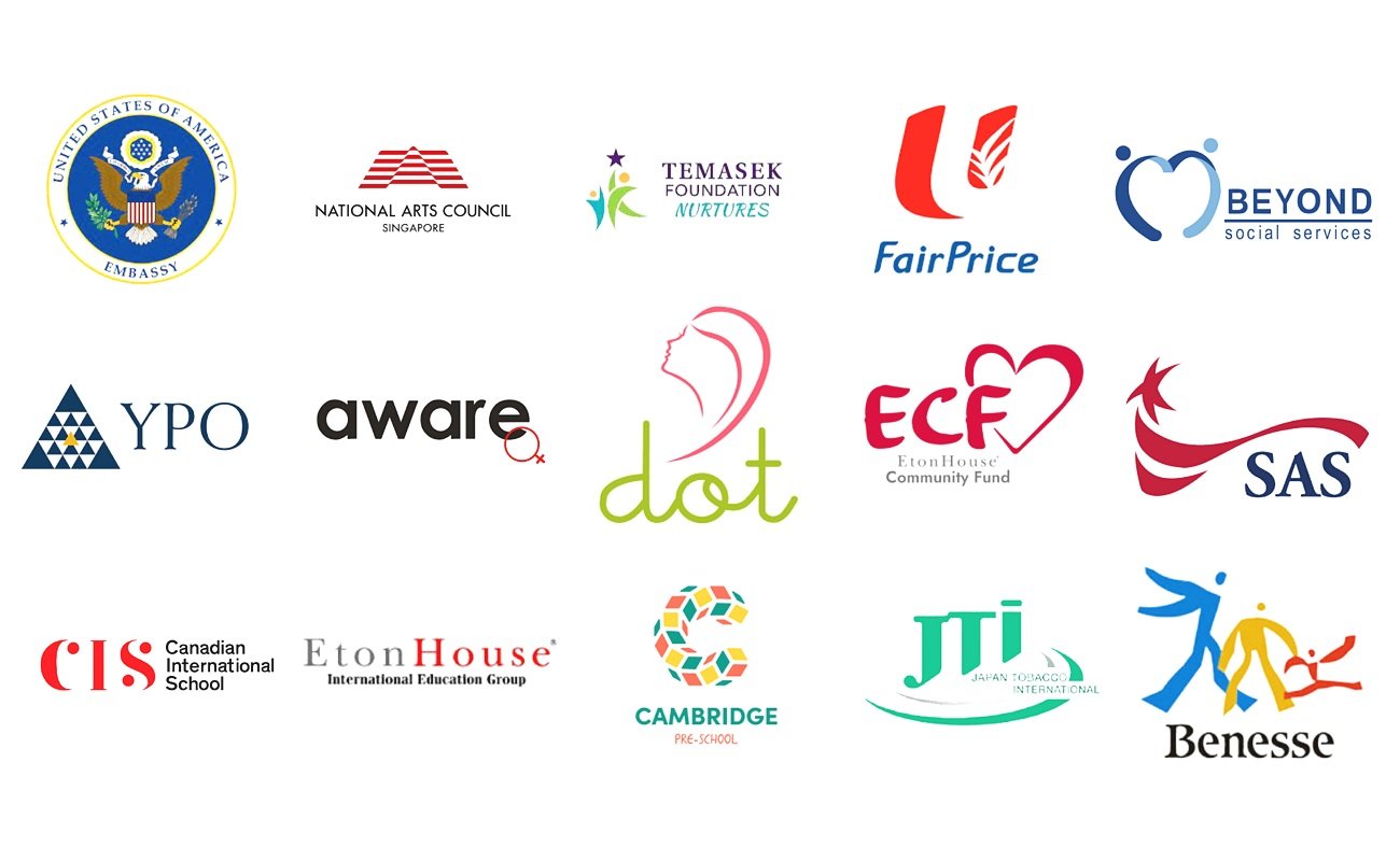 A collection of various organizational logos including the U.S. Embassy emblem, National Arts Council Singapore, Temasek Foundation Nurtures, FairPrice, Beyond social services, YPO, aware, dot, ECF Eton House Community Fund, SAS, Canadian International School, Eton House, Cambridge Pre-School, Japan Tobacco International, and Benesse.