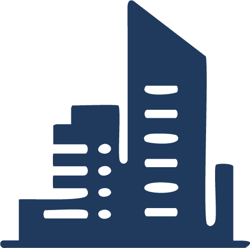 Simplified icon of a city skyline with tall buildings representing Singapore skyline and all the benefits of NVC in business through: empathetic leadership, authentic mentoring, clear and compassionate communication, and conflict transformation.